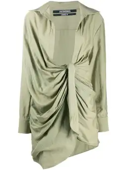 Jacquemus La Robe Bahia Draped Shirt Mini Dress in Sage Green Size 6 for rent on The Volte - image 4