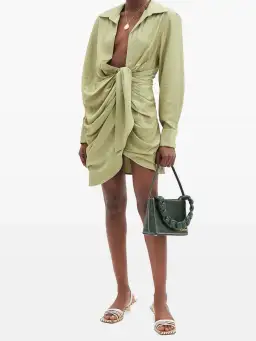 Jacquemus La Robe Bahia Draped Shirt Mini Dress in Sage Green Size 6 for rent on The Volte - image 1