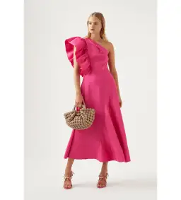 AJE Bonjour Asymmetric Midi Dress Fuschia Pink Size 16 