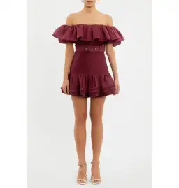 Rebecca Vallance Bordeaux Off Shoulder Mini Dress Burgundy Size AU 12