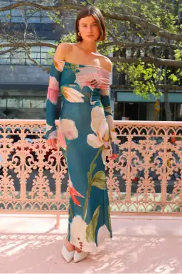 By Nicola Paloma Off Shoulder Mesh Dress Pine Green Floral Print Size 10 for rent on The Volte - image 2