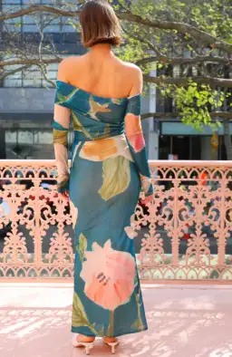 By Nicola Paloma Off Shoulder Mesh Dress Pine Green Floral Print Size 10 for rent on The Volte - image 3