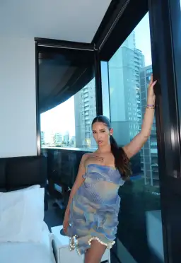 3lato Seashell Asymmetrical Mini Dress Light Beige/Blue Glittery Sand Size XS / AU 6 for rent on The Volte - image 2