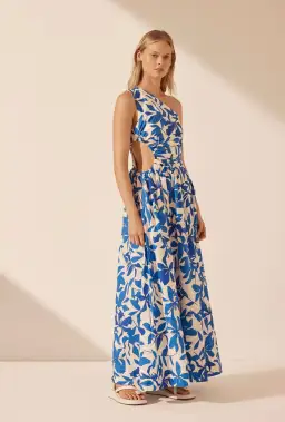 Shona Joy Bleue Asymmetrical Cut Out Maxi Dress Ivory/Aqua Print Size 12 for rent on The Volte - image 1