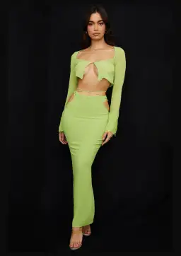 House of CB Tara Georgette Cropped Top Size M & Madeline Georgette Maxi Skirt Size L Set Lime Green