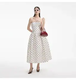 Self Portrait Taffeta Midi Dress Cream Polka Dot Size AU 8