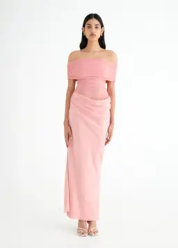 Benni Nico Off Shoulder Maxi Dress Candy Floss Pink Size AU 6
