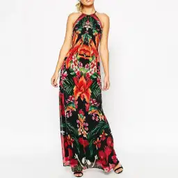 Ted Baker Mircana Toucan Maxi Dress Tropical Flower Peacock Print Size 1 / AU 8