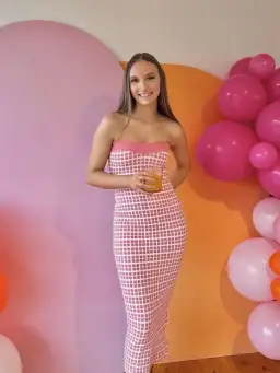 By Johnny Isabella Check Knit Midi Dress in Pink Size 8 for rent on The Volte - image 3