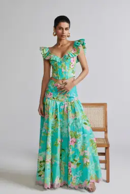 Hemant and Nandita Azra Corset Top and Maxi Skirt Set Green Floral Size 8