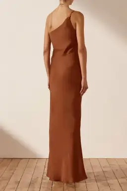 Shona Joy Luxe Asymmetrical Gathered Maxi Dress in Mocha Size 8 for rent on The Volte - image 3