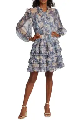 Zimmermann Cosmic Mini Scallop Dress Mist Floral Blue Size 2 / AU 12