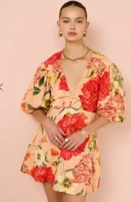 By Nicola Bolero Gathered Mini Dress in Raspberry Punch Floral Size AU 8  for rent on The Volte - image 2