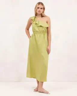Aere Linen One Shoulder Midi Dress Bay Leaf Green Size 8