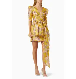 Zimmermann High Tide Peplum Mini Dress in Yellow Ikat Floral Size 2 / AU 12