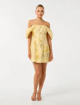 Forever New Jacquie Off Shoulder Mini Dress Gold Layla Botanical Size AU 12