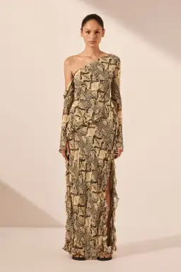 Shona Joy Hadiya Asymmetrical Long Sleeve Ruffle Maxi Dress Print Size 6