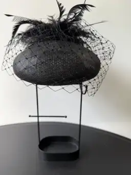 Morgan and Taylor Straw Beret Millinery with Feathers and Veil Black One Size 