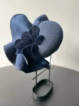 Felted Wool Headpiece with Sculptural Detail and Floral Velvet Adornment Navy One Size