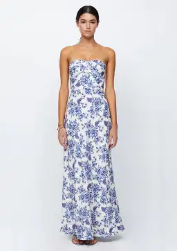 Bec & Bridge Audette Strapless Linen Maxi Dress Floral White Blue Size XS/ AU 6