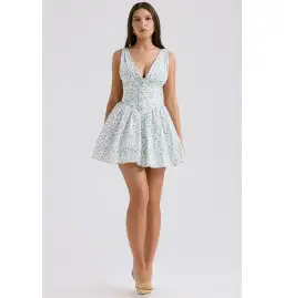 House of CB Fabrizia Corset Mini Dress White Bluebell Print Size XS / AU 6