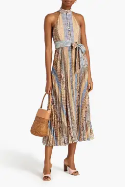 Zimmermann Sunray Belted Patchwork Effect Midi Dress Stripe Size 3/AU 14