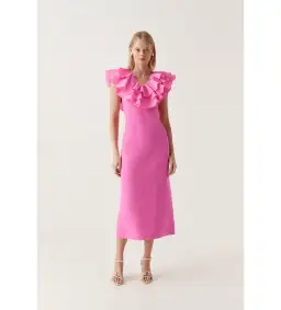 AJE Transcendent Ruffle Midi Dress Cerise Pink Size 8  for rent on The Volte - image 1