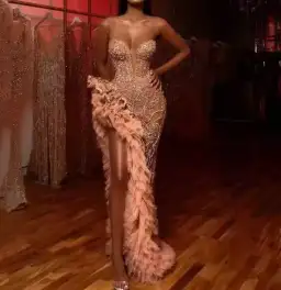 Albina Dyla Gold Tiered Tulle Maxi Split Dress Size 10