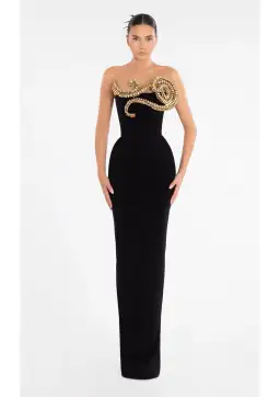 Albina Dyla Evening Dress Black with Gold Embellishment Size 8