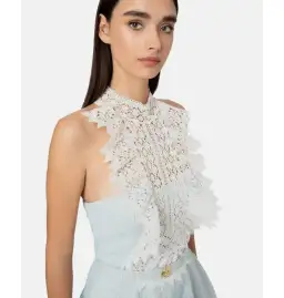 Elisabetta Franchi Lace Neck Short Dress Blue Size 0 / AU 6, Italian 38 for rent on The Volte - image 2