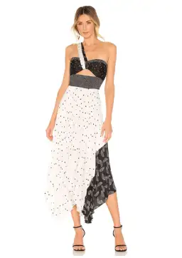 A.L.C. Aurora Pleated One Shoulder Midi Dress White Black Size AU 8