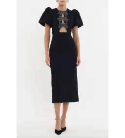 Rebecca Vallance Eliana Puff Sleeve Midi Dress Black Size AU 14 for rent on The Volte - image 1