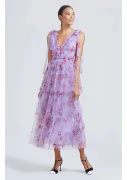 Lela Rose Floral Tiered Tulle Dress Purple Size AU 14