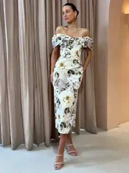 Sofia The Label Hailey Off Shoulder Midi Dress In Flora Print Size 6 for rent on The Volte - image 1
