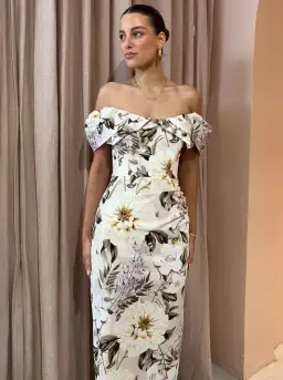 Sofia The Label Hailey Off Shoulder Midi Dress In Flora Print Size 6 for rent on The Volte - image 4