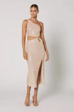 Winona Indeko One shoulder Sequin Midi Dress Pearlescent Peach Size 6  for rent on The Volte - image 1
