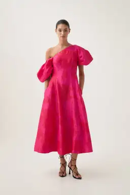 Aje Arista Tulip Sleeve Midi Dress in Florescent Rose Size AU 16  for rent on The Volte - image 1
