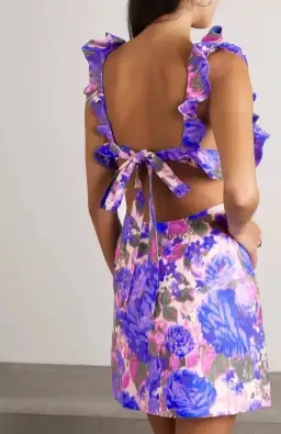 Zimmermann High Tide Frilled Mini Dress in Purple Ikat Floral Size 0 / AU 8 for rent on The Volte - image 2