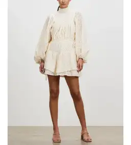 Shona Joy Poppy High Neck Balloon Sleeve Mini Dress Beige Size 10  for rent on The Volte - image 1