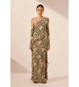 Shona Joy Hadiya Asymmetrical Long Sleeve Ruffle Maxi Dress in Hadiya Snake Print Size AU 8
