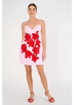 Oroton Contrast 3D Flower Mini Dress Rose Poppy Size 8