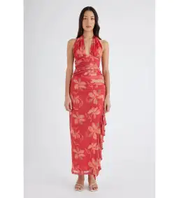 Benni Penelope Halter Maxi Dress Hibiscus Floral Size AU 8