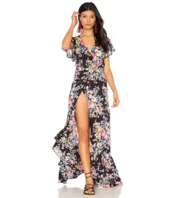 Auguste The Label Beach House Frill Wrap Dress in Bambi Bloom Black Size AU 8  for rent on The Volte - image 1