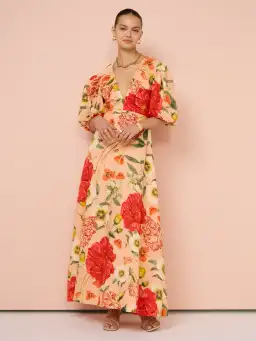 By Nicola Bolero Gathered Neckline Maxi Dress in Raspberry Punch Floral Size 8 for rent on The Volte - image 1