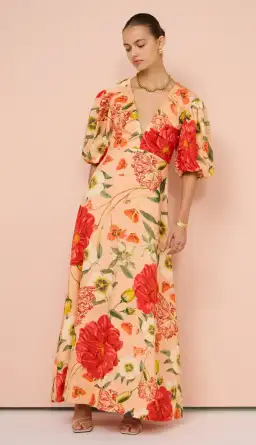 By Nicola Bolero Gathered Neckline Maxi Dress in Raspberry Punch Floral Size 8 for rent on The Volte - image 2