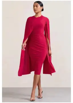 Club L London Marysol Asymmetric Cape Midi Dress Red