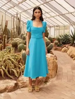 Rebecca Vallance Ella Short Sleeve Midi Dress Blue Size AU 10