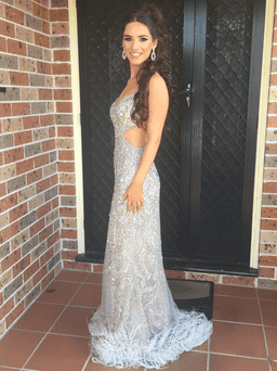 Terani Couture (feather dress) silver grey size 6