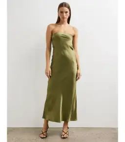 Minima Esenciales Koha Organic Silk Satin Column Dress Olive Branch Size AU 8