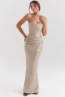 House of CB Persephone Chiffon Mesh Strapless Corset Maxi Dress Pale Gold Size S / AU 8 for rent on The Volte - image 2
